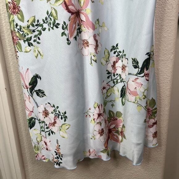 BEBE Women's Baby Blue Floral Satin Cowl Neck Spaghetti Strap Midi Dress S NEW - Picture 4 of 12